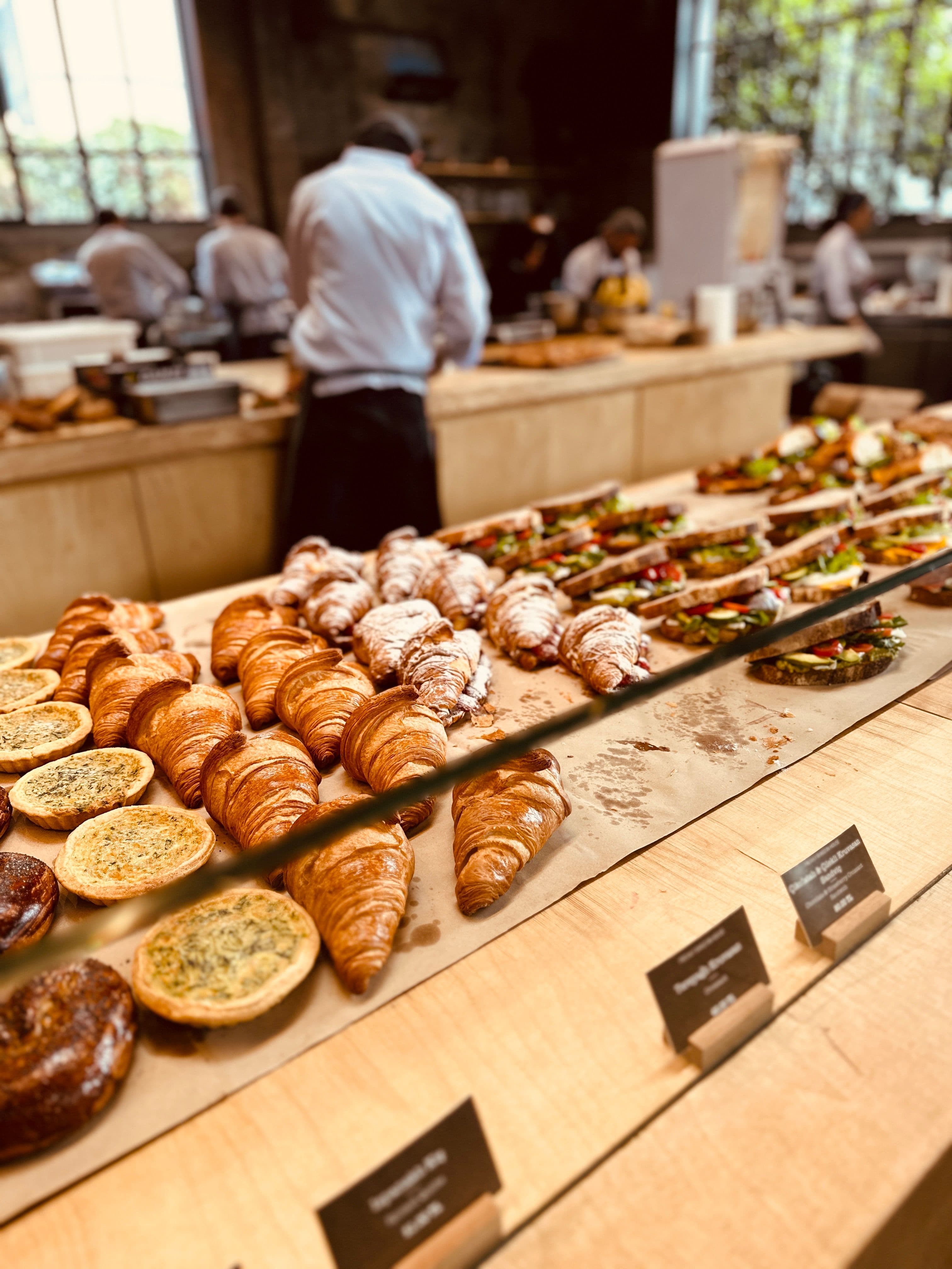 Fresh pastries on display in a bakery